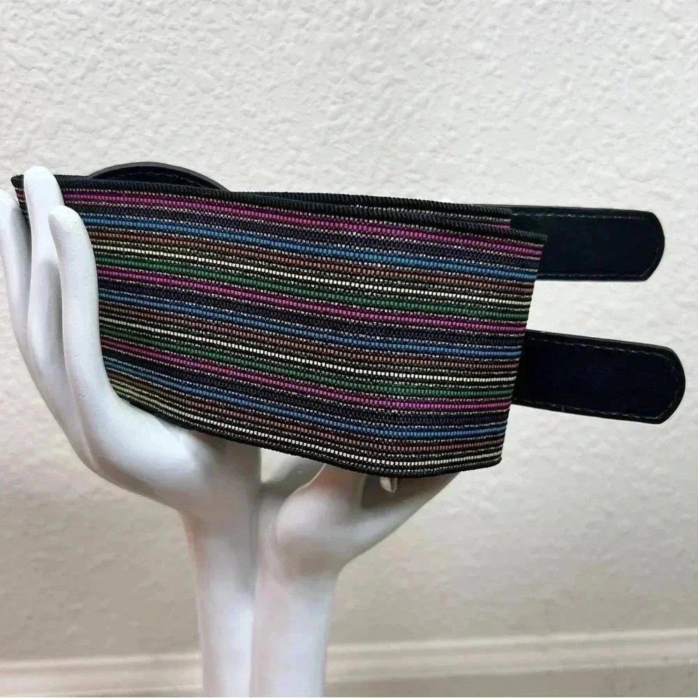 Women’s Wide Multicolored Elastic Vegan Leather Brushed Silver Tone Buckles Belt